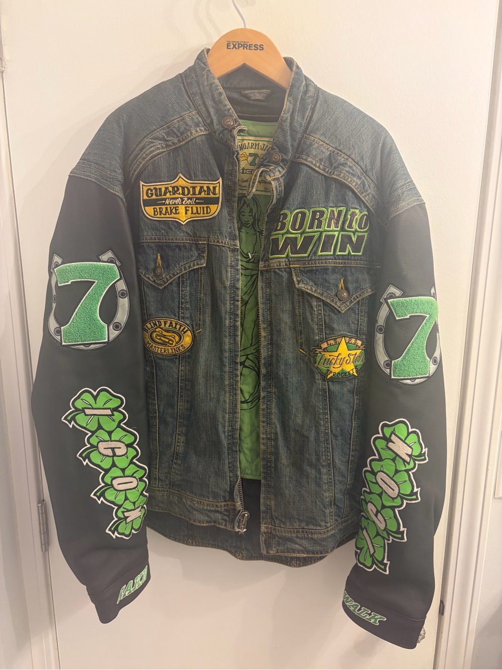 ICON Denim and Black Patchwork Racing Jacket with Green Accents